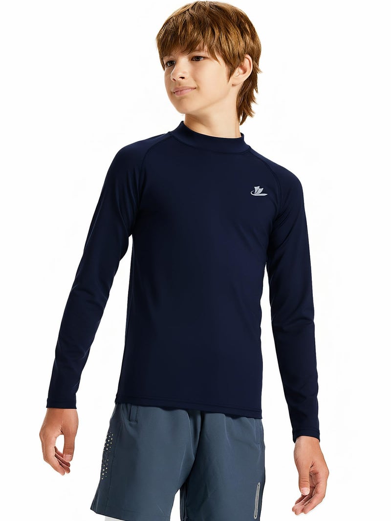 DEVOROPA Youth Boys Compression Thermal Shirts Long Sleeve Undershirt Fleece Baselayer Mock Top Navy L - Image 1